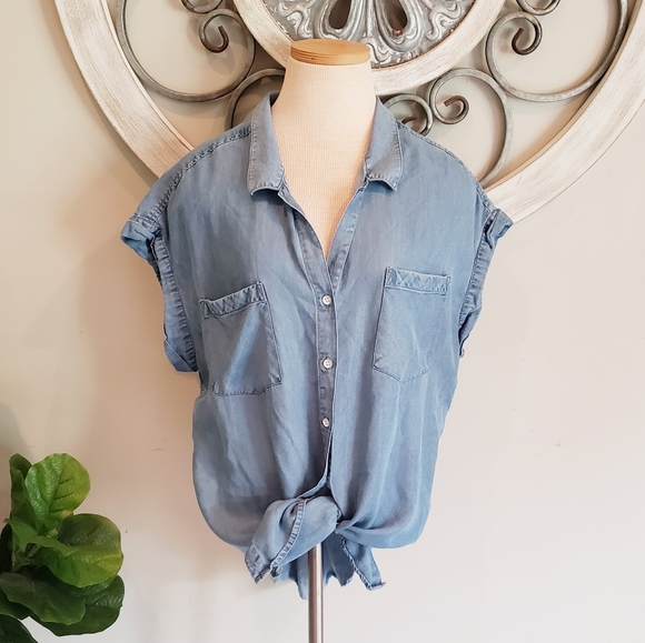 JACHS Girlfriend Tops - Jachs Girlfriend Tencel Blue Button Down Top